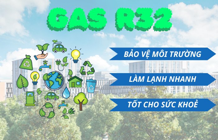 Biểu tượng gas R32 - môi chất làm lạnh thân thiện với môi trường cho điều hòa Gree COSMO24CN