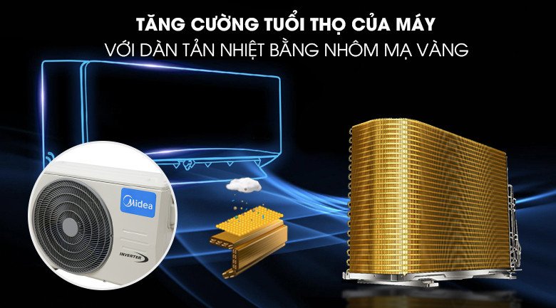 Cận cảnh dàn tản nhiệt mạ vàng của máy lạnh Midea giúp tăng độ bền