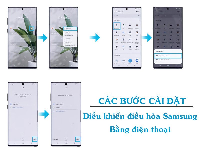 Giao diện ứng dụng SmartThings hiển thị các tùy chọn điều khiển điều hòa Samsung