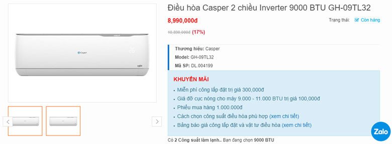 Hình ảnh điều hòa Casper 9000 BTU 2 chiều Inverter GH-09TL32