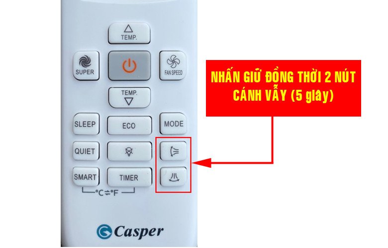 Hình ảnh minh họa nút cánh vẫy trên remote điều hòa Casper để mở khóa
