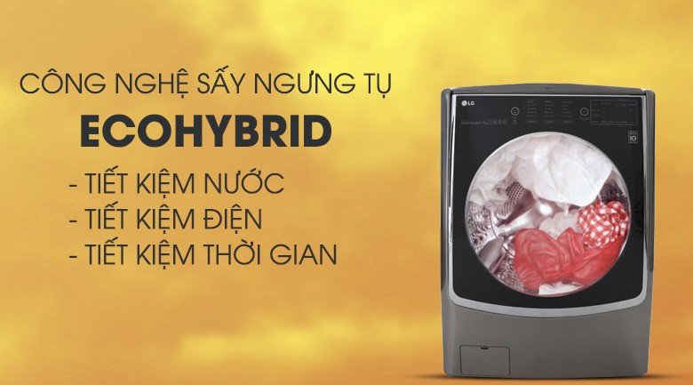 Biểu tượng công nghệ sấy ngưng tụ Eco Hybrid trên máy giặt LG