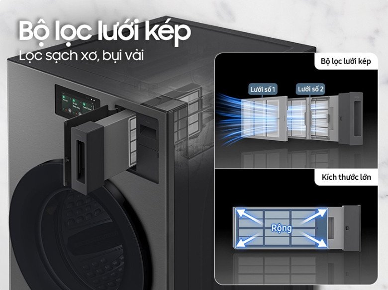 Bộ lọc kép trên máy giặt sấy Samsung WD25DB8995BZSV lọc sạch xơ vải