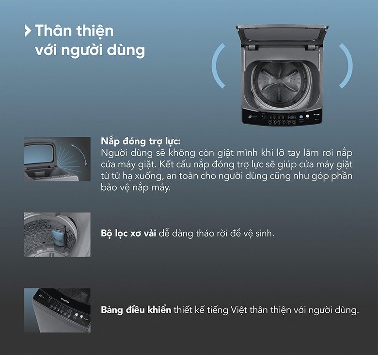 Chi tiết nắp đóng trợ lực và giao diện bảng điều khiển máy giặt Funiki