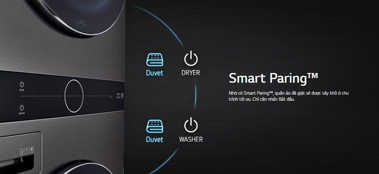Chức năng Smart Paring tự động kết nối chu trình giặt và sấy trên LG WashTower WT1410NHE
