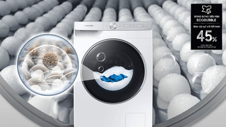 Công nghệ EcoBubble trên máy giặt Samsung WW10TP44DSH/SV giúp bảo vệ sợi vải tốt hơn 45%