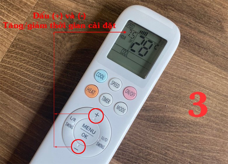 Điều chỉnh thời gian hẹn giờ tắt trên remote Casper mẫu 3 bằng nút (+) hoặc (-) 