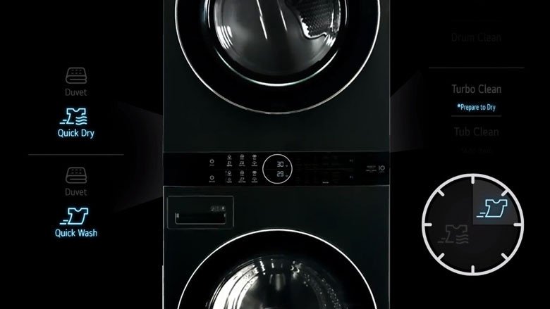 Giao diện bảng điều khiển trung tâm dễ sử dụng trên máy giặt sấy LG WashTower WT1410NHB
