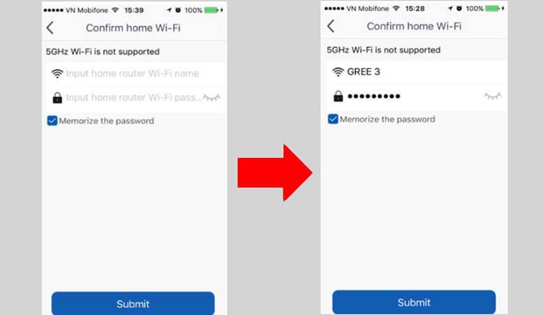 Giao diện nhập thông tin mạng WiFi gia đình để kết nối điều hòa Gree