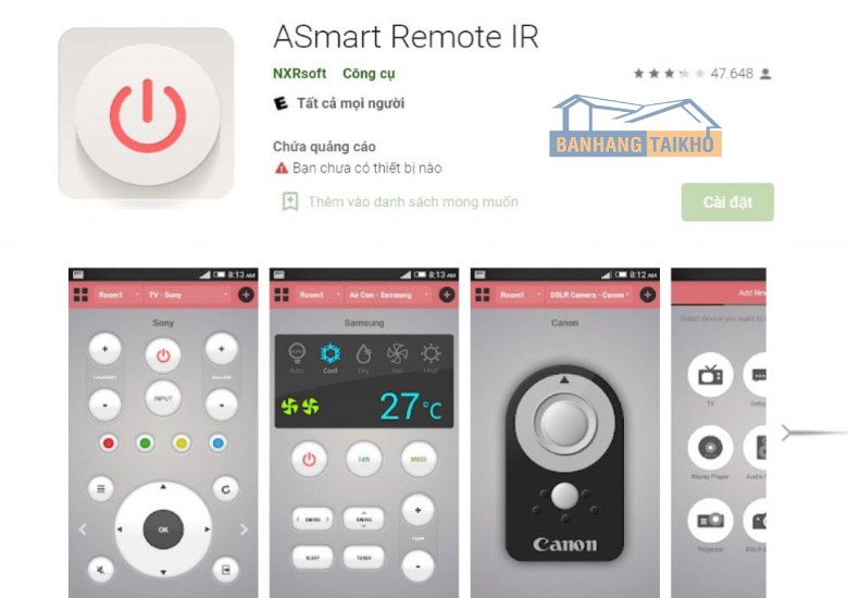 Giao diện ứng dụng Asmart Remote IR điều khiển điều hòa Nagakawa