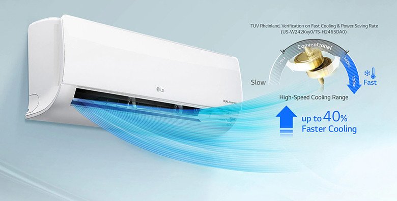 Hình ảnh minh họa luồng gió lạnh tỏa ra từ điều hòa LG, biểu thị khả năng làm lạnh nhanh