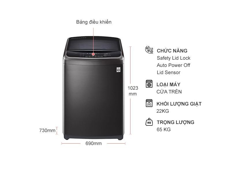 Kích thước thực tế máy giặt LG TH2722SSAK Inverter 22kg lồng đứng