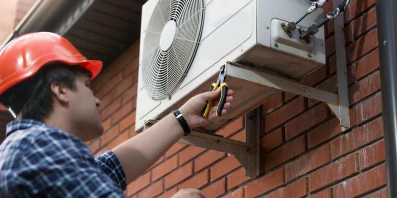 Kỹ thuật viên kiểm tra dàn nóng máy lạnh bị ồn