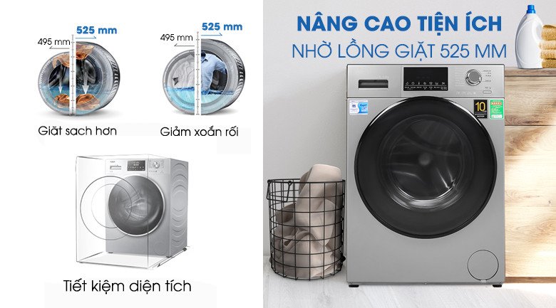 Lồng giặt lớn 525mm của máy giặt Aqua Inverter AQD-D900F S