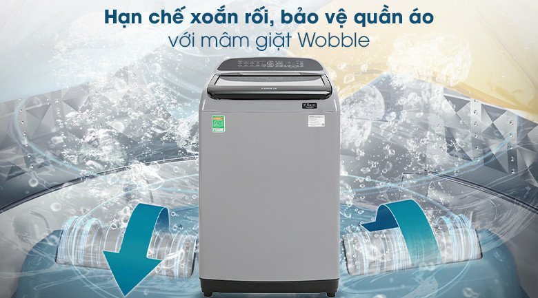 Mâm giặt Wobble tạo luồng nước đa chiều, bảo vệ quần áo khỏi xoắn rối.
