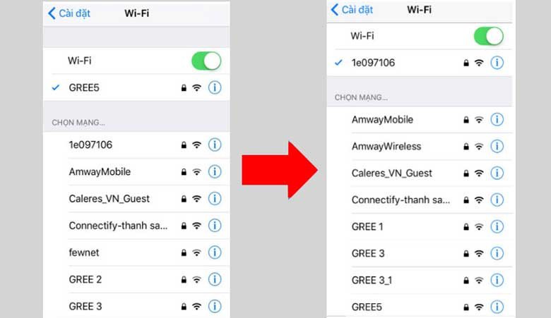 Màn hình cài đặt WiFi trên điện thoại, kết nối với mạng WiFi của điều hòa Gree