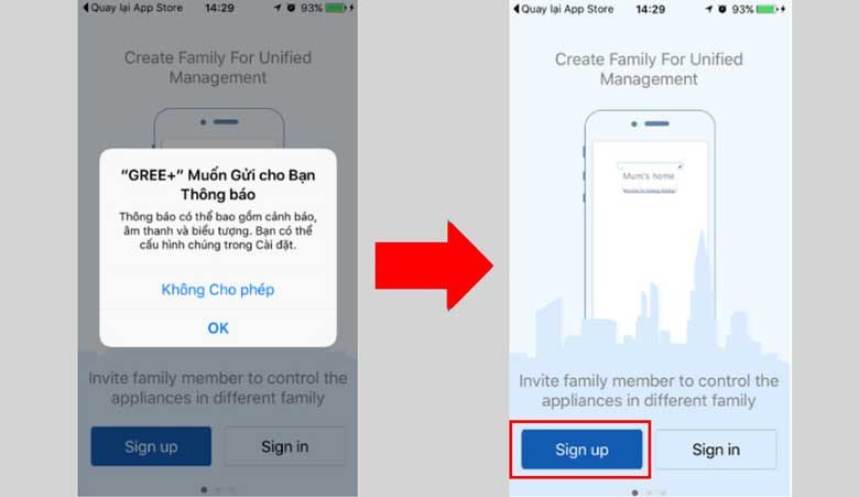 Màn hình đăng ký tài khoản ứng dụng Gree+ trên điện thoại iPhone