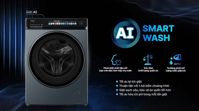 Màn hình hiển thị công nghệ giặt thông minh AI Smart Wash của máy giặt Aqua AW10-BD4377U1L(GN)