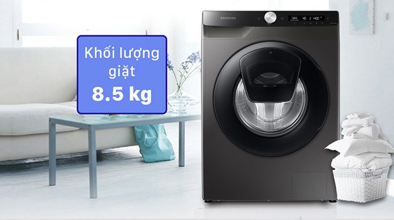 Máy giặt 8.5kg Samsung Inverter WW85T554DAX/SV lồng ngang màu xám bạc đặt trong phòng