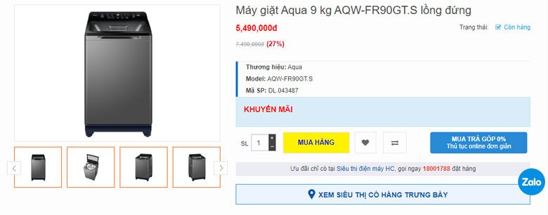 Máy giặt Aqua 9kg cửa đứng AQW-FR90GT.S với thiết kế hiện đại