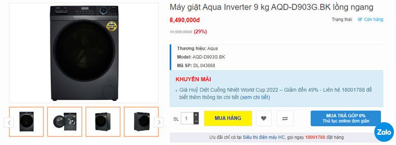 Máy giặt Aqua 9kg cửa ngang AQD-D903G.BK nổi bật với công nghệ AI Smart Wash