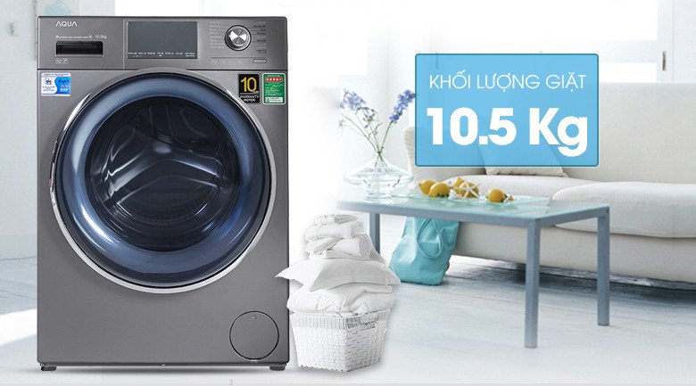 Máy giặt Aqua Inverter 10.5kg lồng ngang AQD-DD1050E.S màu bạc