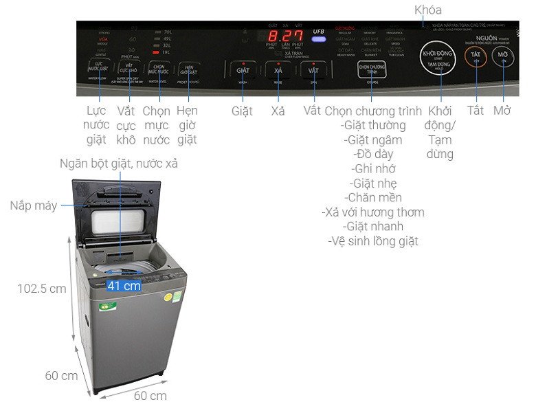 Máy giặt lồng đứng Toshiba 10kg AW-DUH1100GV góc nhìn toàn cảnh
