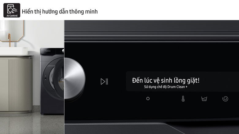 Máy giặt Samsung hiển thị hướng dẫn sử dụng trên bảng điều khiển AI
