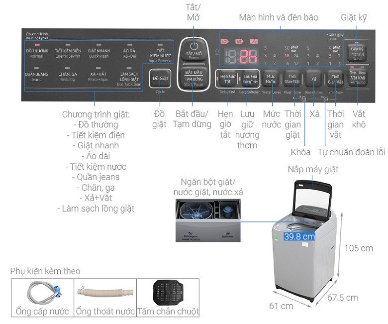 Máy giặt Samsung Inverter WA90T5260BY/SV lồng đứng 9kg