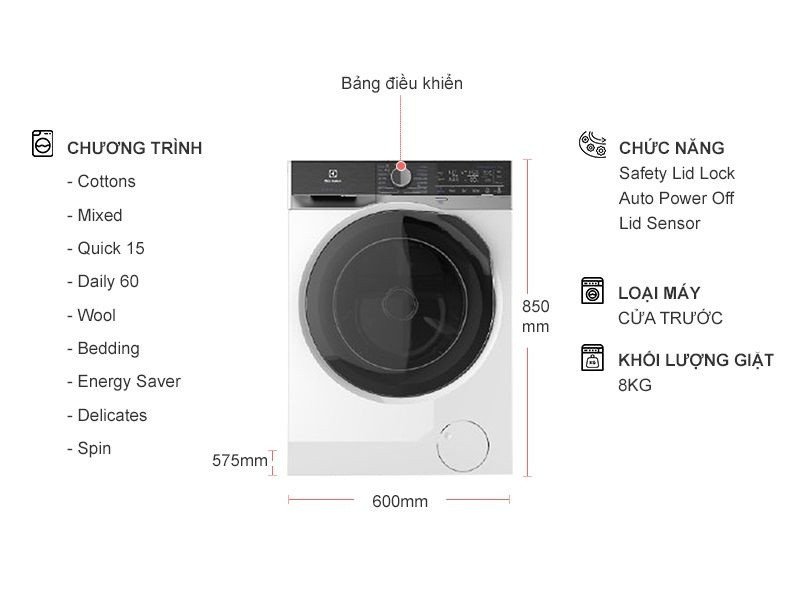 Máy giặt sấy Electrolux EWW8023AEWA thiết kế lồng ngang màu trắng