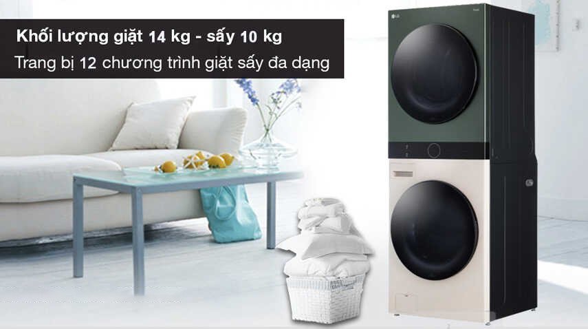 Máy giặt sấy LG WashTower WT1410NHEG với khối lượng giặt 14kg