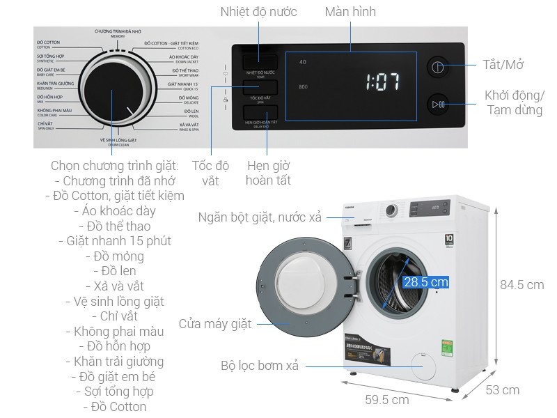 Máy giặt Toshiba TW-BH85S2V(WK) lồng ngang màu trắng