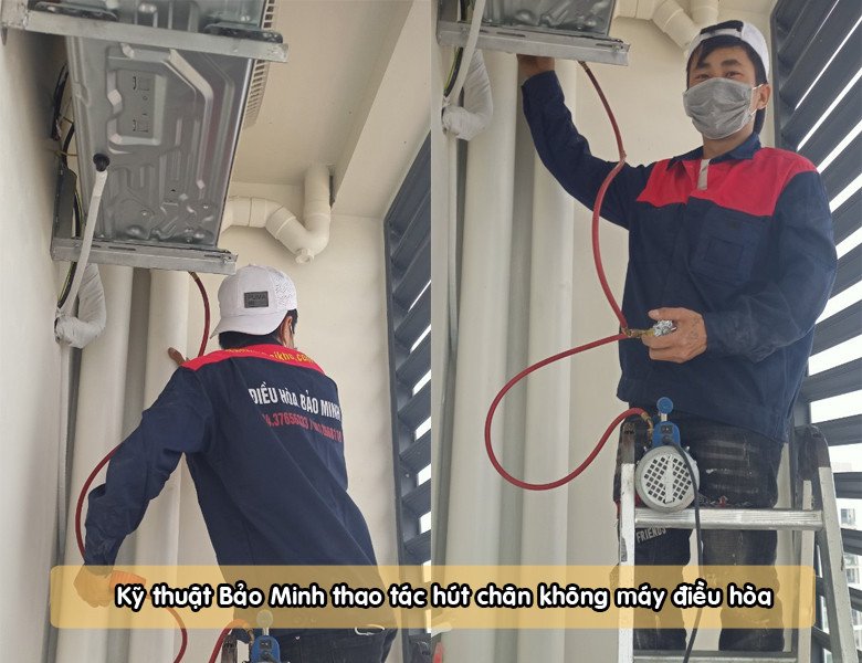 Máy hút chân không đang loại bỏ không khí và độ ẩm khỏi hệ thống điều hòa