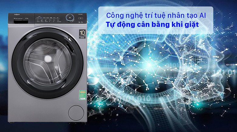 Minh họa công nghệ AI cân bằng của máy giặt Aqua Inverter
