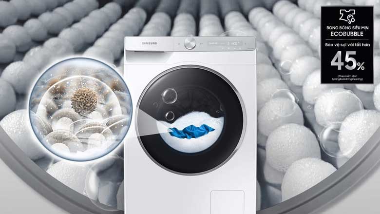 Minh họa công nghệ bong bóng siêu mịn Ecobubble™ của máy giặt Samsung WW11CGP44DSHSV