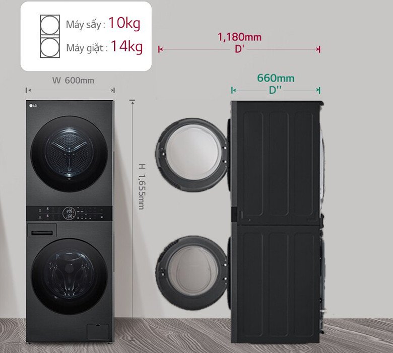 Tháp giặt sấy LG WashTower WT1410NHB lồng ngang kích thước tối ưu cho không gian hiện đại