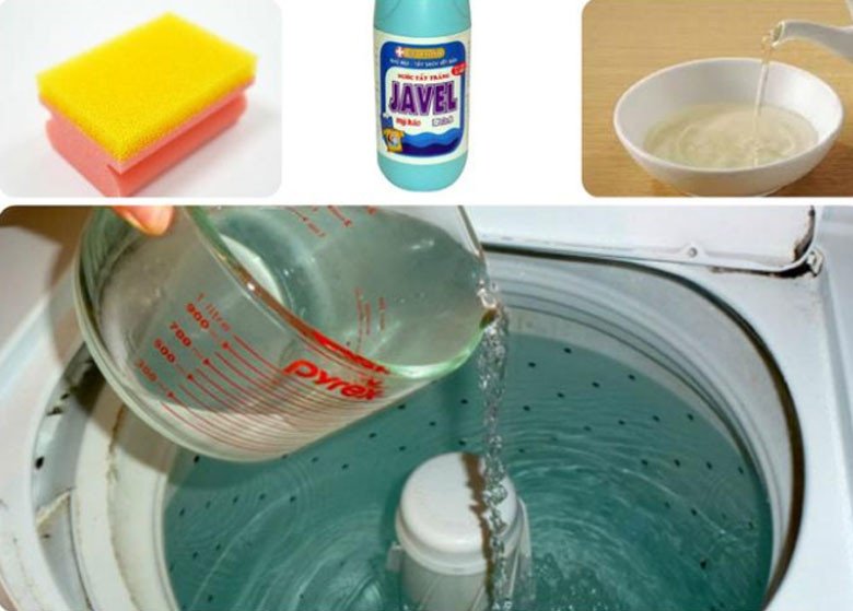 Thêm nước nóng vào lồng máy giặt trước khi cho bột vệ sinh.