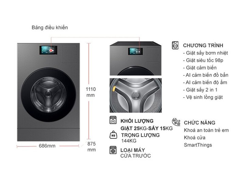 Thiết kế và kích thước của máy giặt sấy Samsung WD25DB8995BZSV