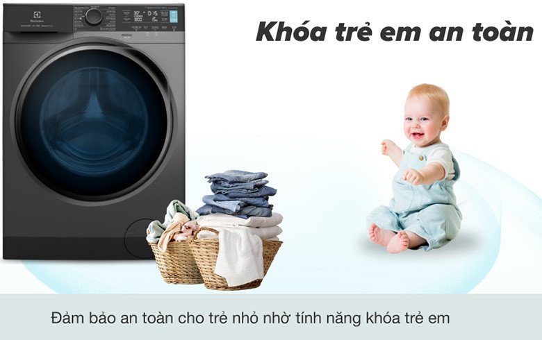 Tính năng khóa trẻ em đảm bảo an toàn khi sử dụng máy giặt Electrolux EWF1141R9SB