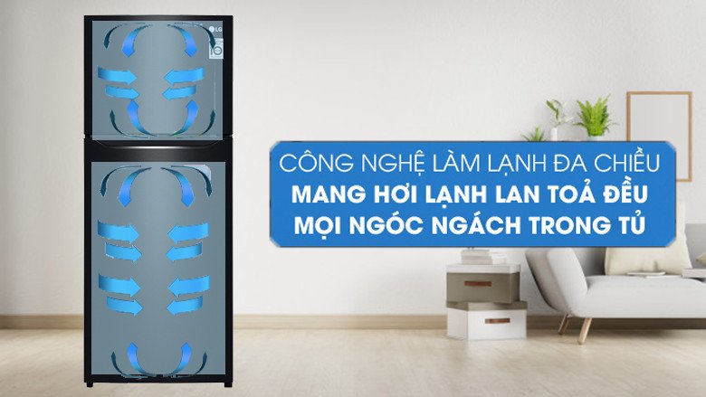 Bên trong tủ lạnh LG Inverter 187 lít GN-L205WB thể hiện hệ thống làm lạnh đa chiều.