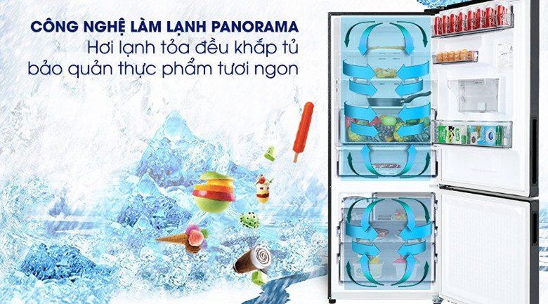 Bên trong tủ lạnh Panasonic Inverter 380 lít với công nghệ làm lạnh Panorama phân bổ hơi lạnh đều