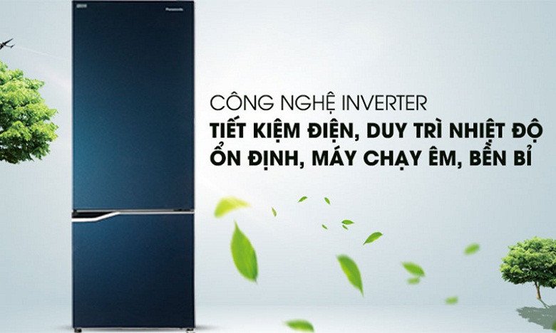 Biểu tượng công nghệ Inverter trên tủ lạnh Panasonic, minh họa khả năng tiết kiệm điện