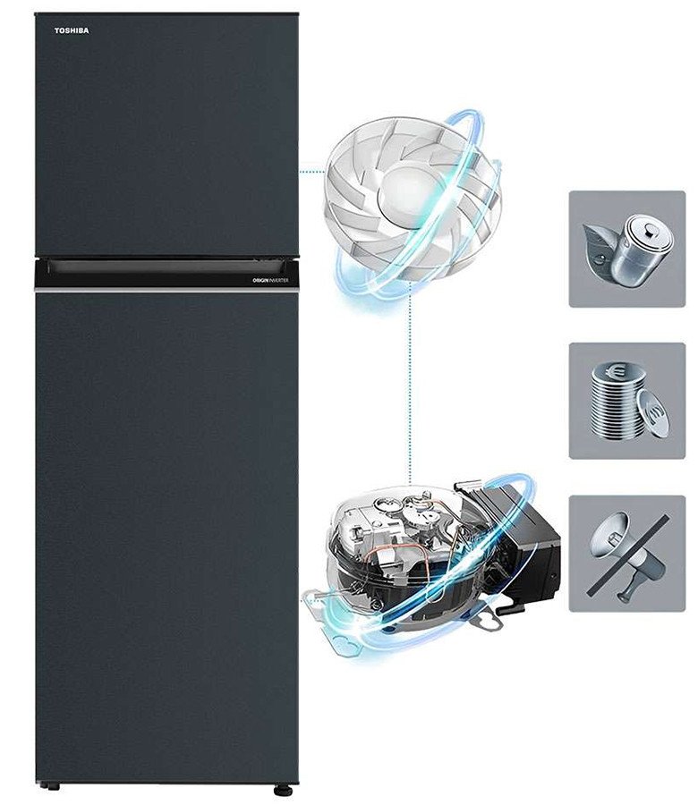 Biểu tượng công nghệ Origin Inverter trên tủ lạnh Toshiba GR-RT329WE-PMV(52) nhấn mạnh khả năng tiết kiệm điện