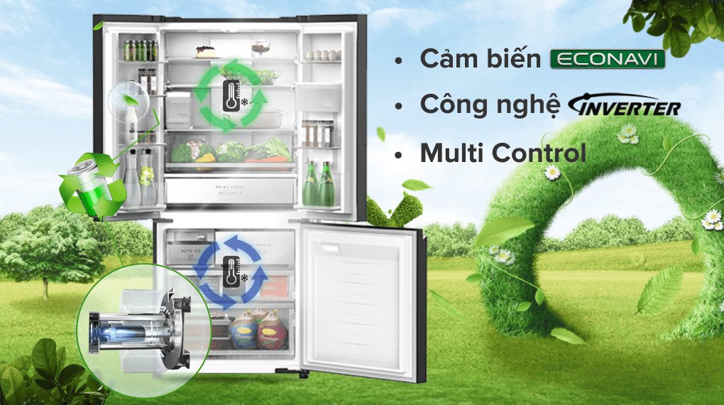 Biểu tượng công nghệ tiết kiệm điện Inverter và Econavi trên tủ lạnh Panasonic