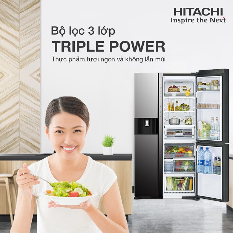 Bộ lọc khử mùi Triple Power tiên tiến giúp không gian tủ lạnh Hitachi luôn trong lành.