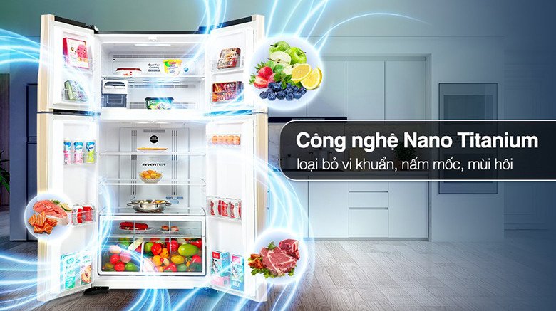 Bộ lọc Nano Titanium tiên tiến trong tủ lạnh Hitachi R-FW650PGV8(GBK), giúp khử mùi và kháng khuẩn hiệu quả cho không gian tủ.