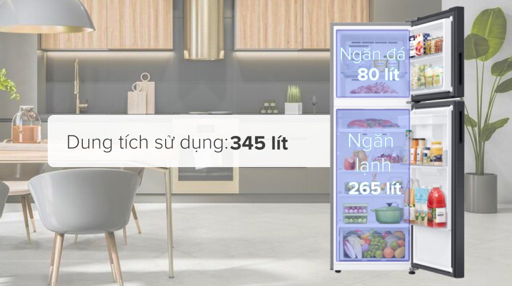 Cận cảnh không gian ngăn đá và ngăn lạnh của tủ lạnh Samsung 345 lít Inverter.