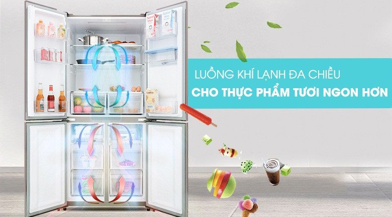 Công nghệ làm lạnh đa chiều 360 độ của tủ lạnh Aqua Inverter 456 lít AQR-IGW525EM(GB) đảm bảo luồng khí lạnh phân bổ đều khắp các ngăn, giữ thực phẩm tươi ngon