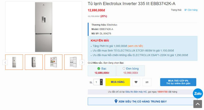 Giá bán tủ lạnh Electrolux EBB3742K A trên thị trường