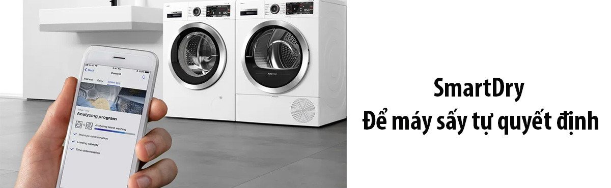 Giao diện ứng dụng SmartDry trên điện thoại, kết nối với máy sấy Bosch để tự động điều chỉnh chương trình